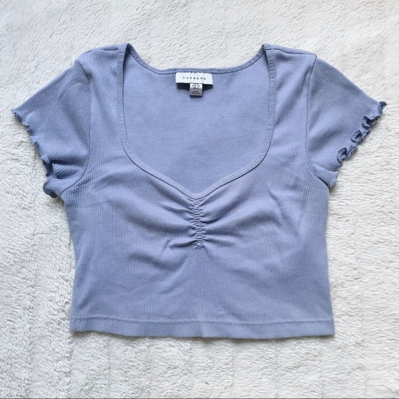 Ribbed Lettuce Edge Ruched Top in Periwinkle - Picture 1 of 5